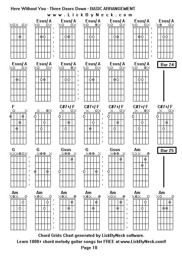 Chord Grids Chart of chord melody fingerstyle guitar song-Here Without You - Three Doors Down - BASIC ARRANGEMENT,generated by LickByNeck software.